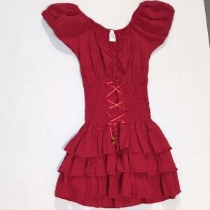 Red Ruffle Sun Dress Floral Embroidery Lace Up Corset Grunge Boho Festival S/M